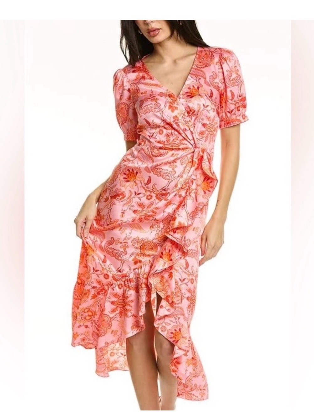cinq a sept savanna Pink and Orange Floral High-Low faux Wrap Dress size 8